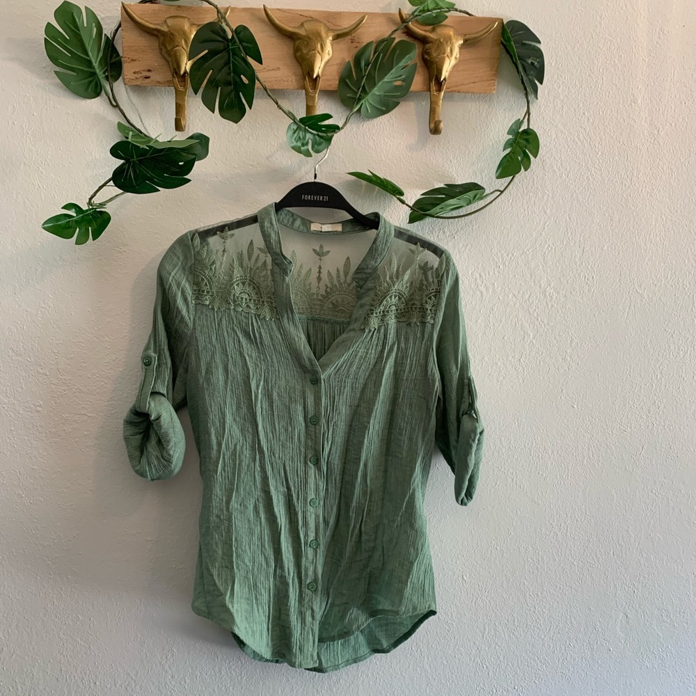 Sage green button down lace detailed top